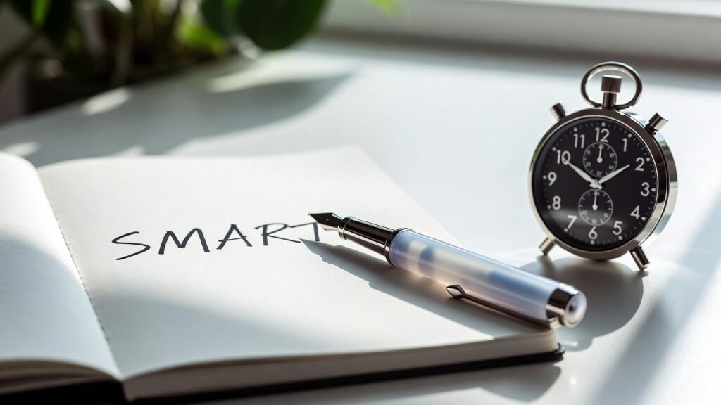 Cuaderno abierto con la palabra smart y un cronometro en un escritorio blanco