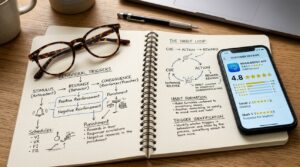 Cuaderno con anotaciones psicologicas y una pantalla digital con resenas de usuarios