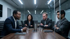 Cuatro profesionales de negocios discuten seriamente en una sala de juntas corporativa Cuatro profesionales de negocios discuten seriamente en una sala de juntas corporativa