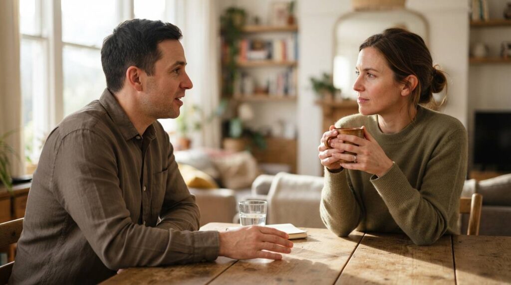 Dos personas manteniendo una conversación atenta junto a una ventana Dos personas manteniendo una conversación atenta junto a una ventana