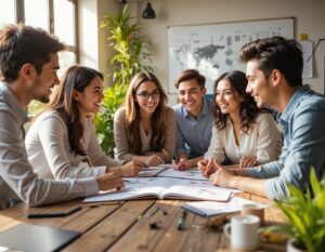 Equipo diverso sonriente colaborando, simbolizando liderazgo y trabajo en equipo