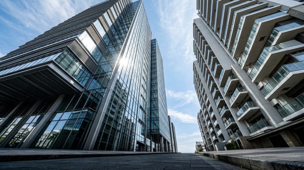 Fachada moderna de cristal de un edificio comercial junto a departamentos residenciales
