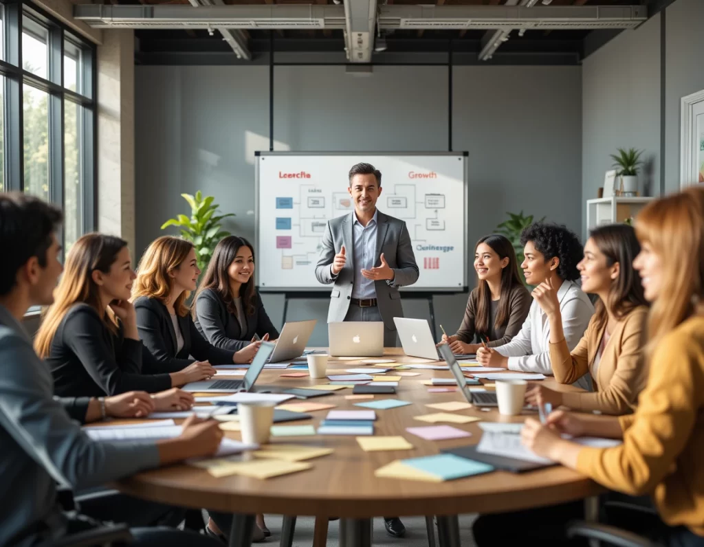 Gráfico colorido con iconos de liderazgo y motivación para equipos productivos