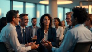 Grupo de profesionales conversando con confianza en una oficina moderna y luminosa