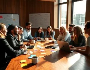 Grupos colaborando, gráficos y mensajes que simbolizan comunicación y trabajo en equipo