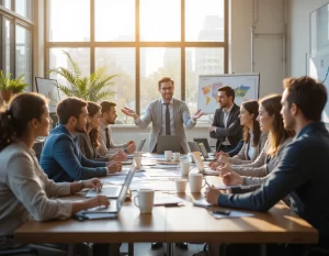 Iconos de liderazgo, engranajes y personas conectadas simbolizan trabajo en equipo eficaz