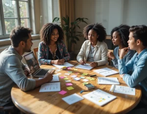 Ilustración de personas dialogando, símbolos de paz y crecimiento, estrategia y aprendizaje