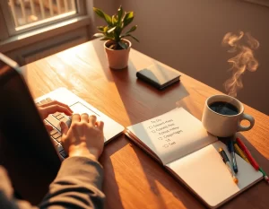 Libro abierto con notas y laptop, simbolizando productividad y logro de metas.