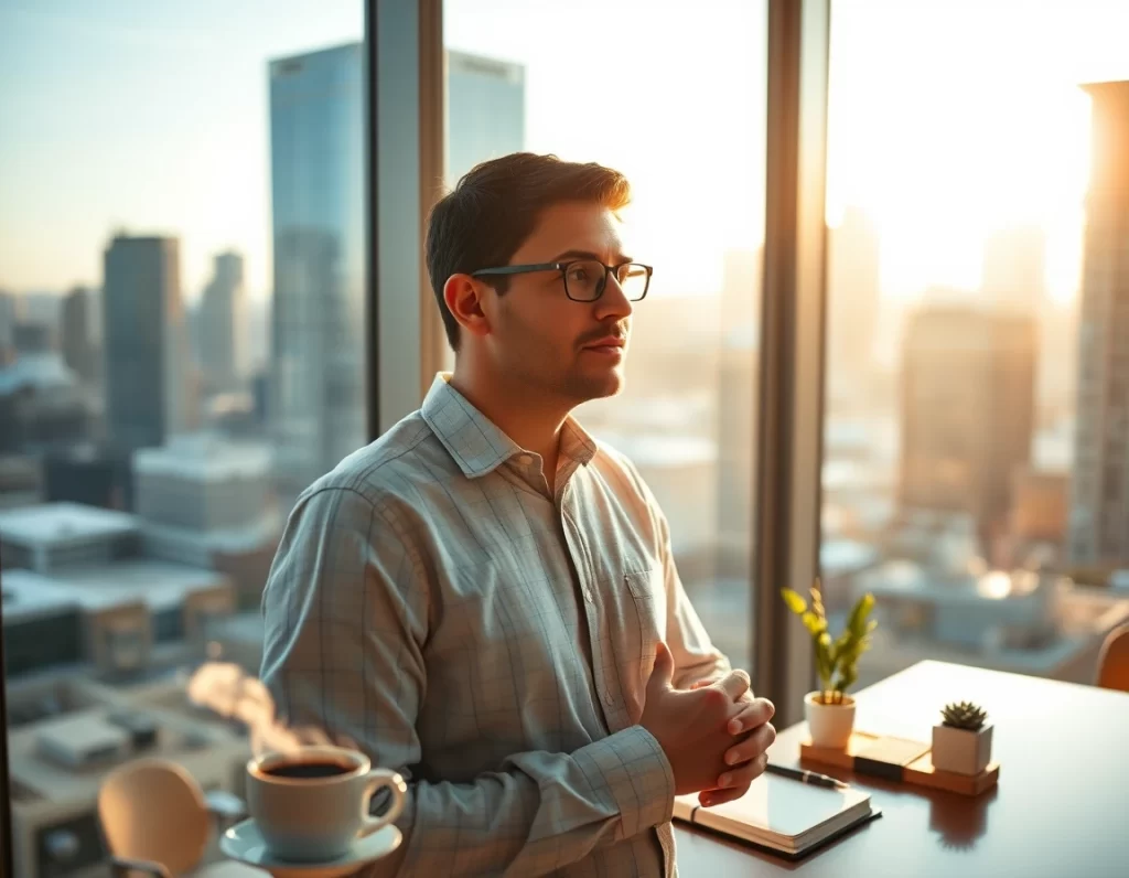 Líder en ventana luz dorada café cuaderno ciudad al amanecer calma y enfoque