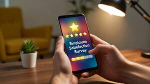 Mano sosteniendo celular con encuesta de satisfaccion laboral en pantalla clara