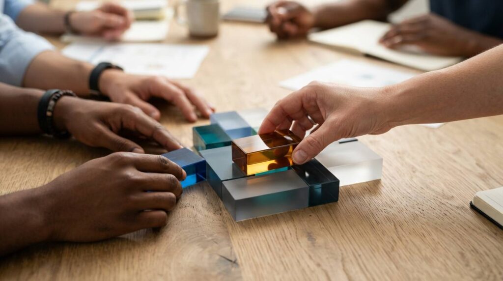 Manos acomodando piezas de acrilico de colores sobre una mesa de madera Manos acomodando piezas de acrilico de colores sobre una mesa de madera