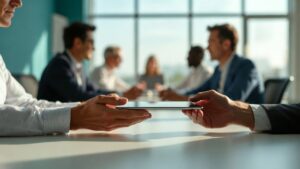 Manos de colaboradores trabajando con precisión sobre una tableta digital clara