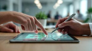 Manos de colaboradores trabajando con precisión sobre una tableta digital clara