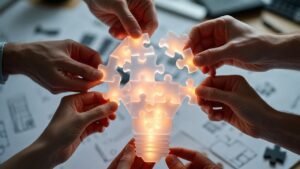 Manos de equipo colaborando para armar pieza brillante de innovacion creativa