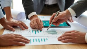 Manos de equipo colaborando sobre planos y tabletas digitales en el trabajo