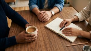 Manos de profesionales reunidos alrededor de una mesa de madera con cafe