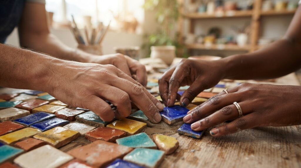 Manos de varias personas colocando azulejos de colores sobre una mesa Manos de varias personas colocando azulejos de colores sobre una mesa
