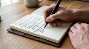 Manos escribiendo ejercicios prácticos de mentalidad en un diario de cuero Manos escribiendo ejercicios prácticos de mentalidad en un diario de cuero