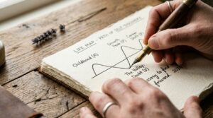 Manos escribiendo una linea de tiempo en un cuaderno sobre una mesa de madera Manos escribiendo una linea de tiempo en un cuaderno sobre una mesa de madera