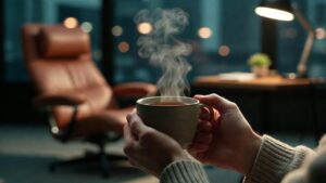 Manos sosteniendo una taza caliente en un área de descanso de la empresa