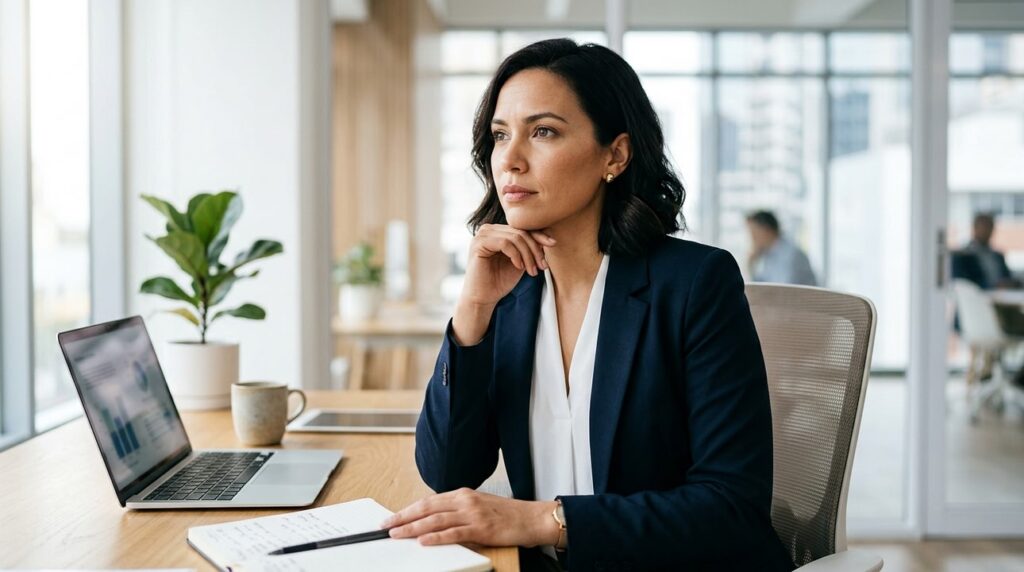Mujer profesional concentrada en su oficina moderna con luz natural