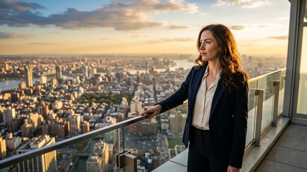 Mujer profesional contemplando una ciudad desde un balcon alto al atardecer