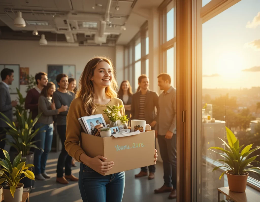 Oficina iluminada persona sonriente con caja colegas celebran ambiente cálido y positivo