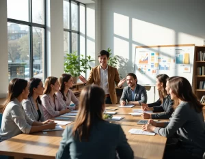 Oficina moderna iluminada líder motivador y equipo colaborando junto a ventana amplia