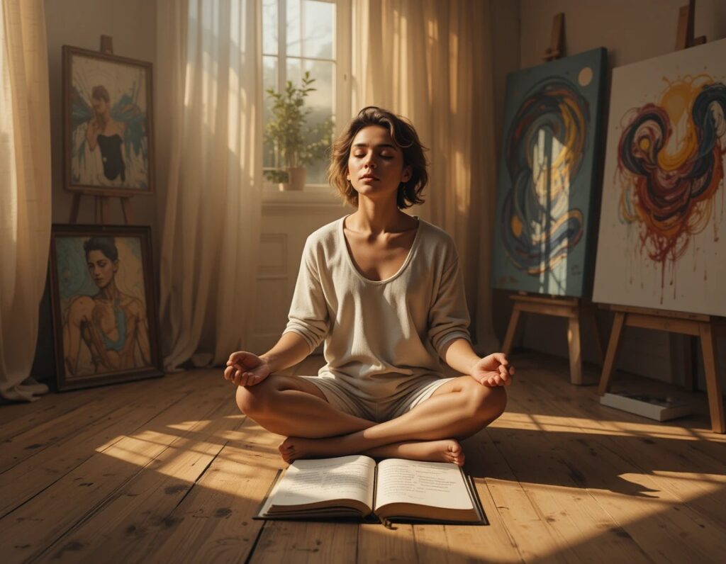 Persona en meditación rodeada de luz y naturaleza introspectiva
