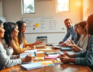 Personas colaborando, gráficos y notas, simbolizan comunicación y motivación en liderazgo.