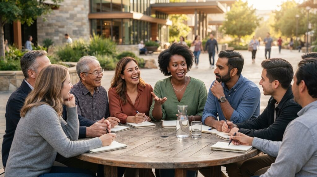 Personas de distintas etnias conversan sentadas alrededor de una mesa redonda
