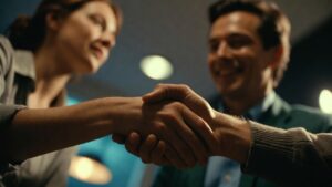 Primer plano de apretón de manos cálido entre colegas en entorno laboral amable