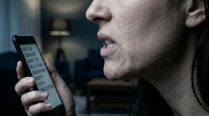 Primer plano de boca tensa de mujer y mano sosteniendo un teléfono celular