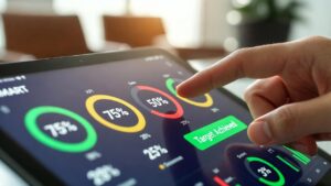 Primer plano de dedo tocando panel digital de indicadores en una tableta