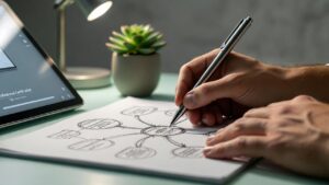 Primer plano de manos trabajando en un plan de desarrollo profesional en el escritorio