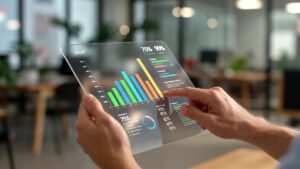 Primer plano de manos usando una tableta digital con indicadores de progreso