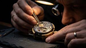 Primer plano de un artesano ensamblando un reloj de lujo detalladamente