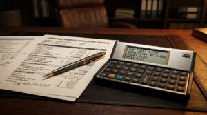 Primer plano de una calculadora y un documento financiero sobre un escritorio Primer plano de una calculadora y un documento financiero sobre un escritorio