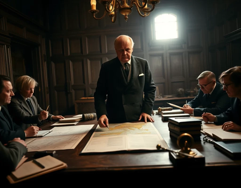 Sala de guerra con hombre serio mapas documentos y luz cálida ambiente intenso