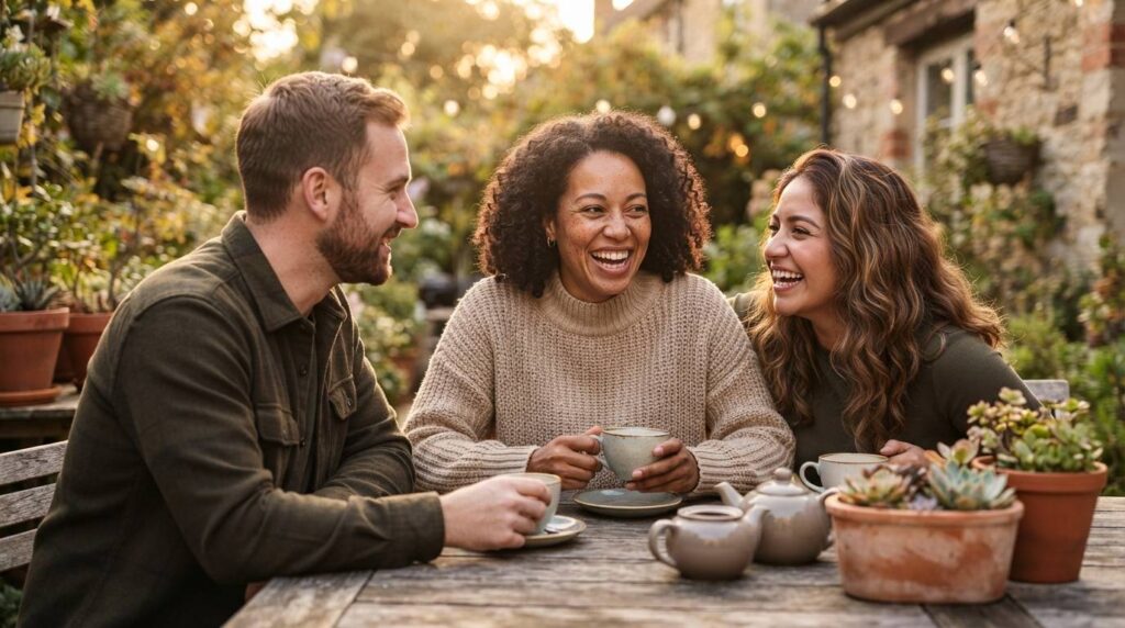 Tres amigos conversan en una mesa de jardin iluminada por el atardecer