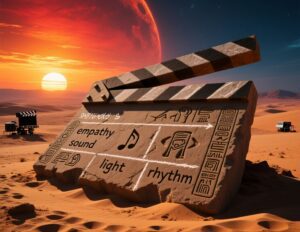 Un claqueta monolitica con jeroglificos bajo un atardecer cinematografico