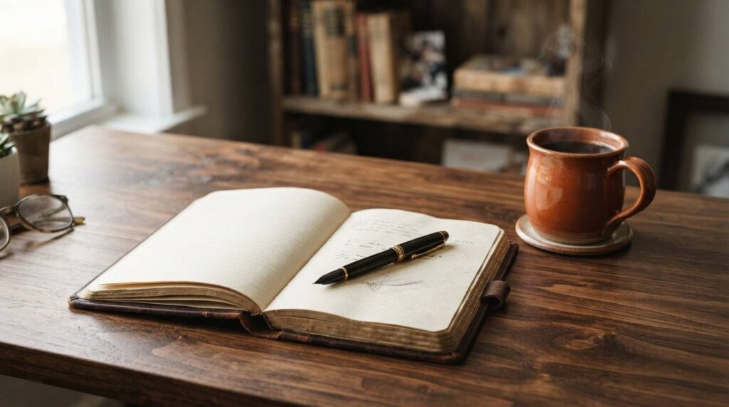 Un cuaderno abierto sobre una mesa de madera junto a una taza y una pluma