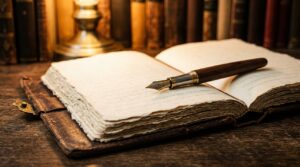 Un diario abierto con una pluma estilografica sobre un escritorio de madera Un diario abierto con una pluma estilografica sobre un escritorio de madera