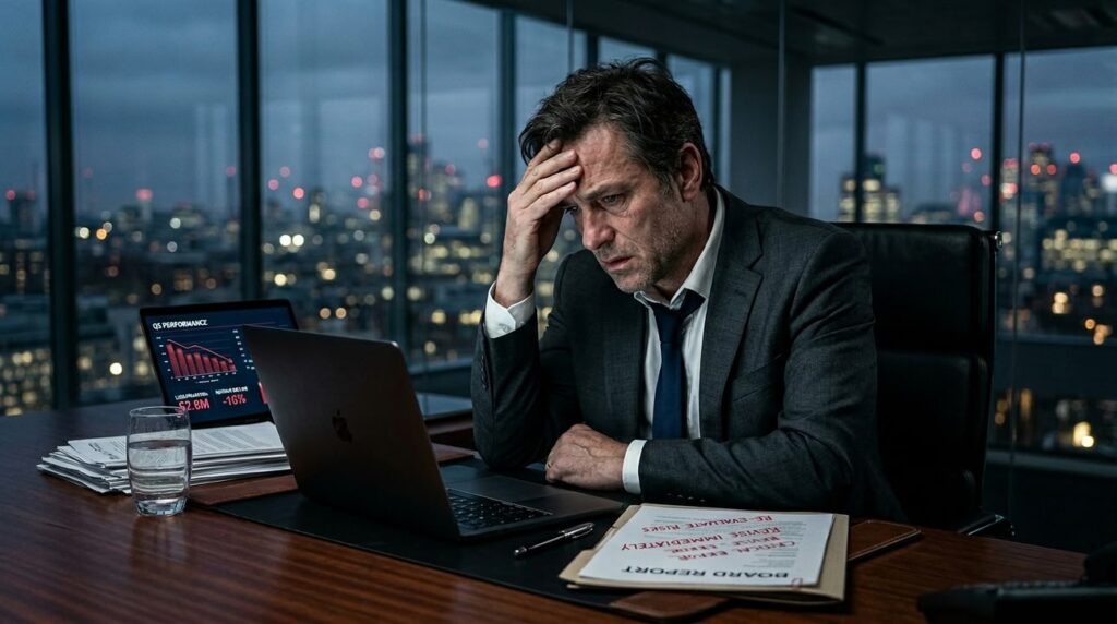 Un director corporativo preocupado frente a su laptop en una oficina oscura