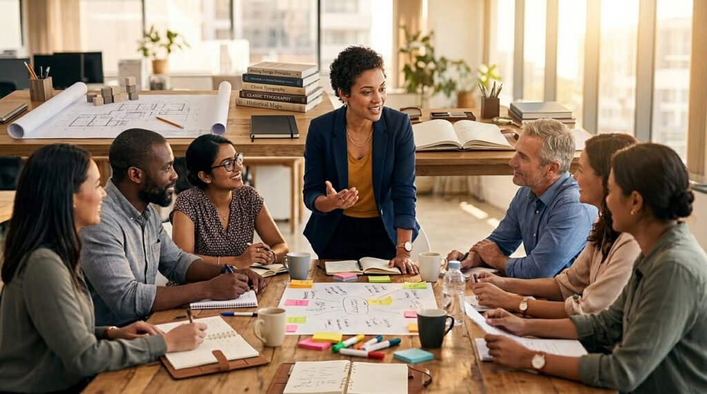 Una lider guia a su equipo de trabajo en una oficina iluminada