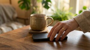 Una mano dejando un telefono apagado junto a una taza de te caliente Una mano dejando un telefono apagado junto a una taza de te caliente