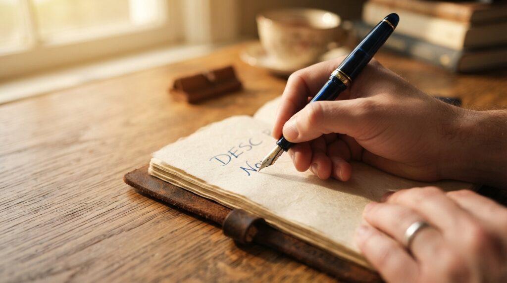 Una mano escribe reflexiones con pluma estilografica sobre un diario de cuero Una mano escribe reflexiones con pluma estilografica sobre un diario de cuero