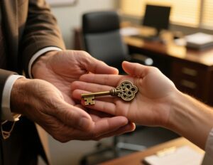 Una mano mayor depositando una llave antigua en la palma de otra