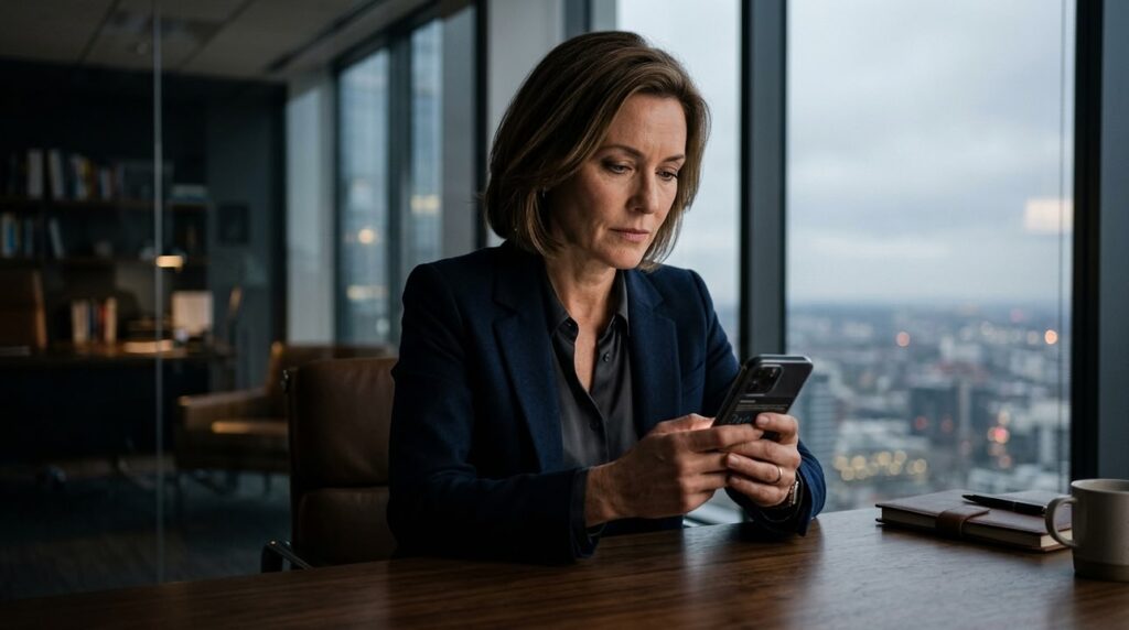 Una mujer ejecutiva reflexiona seriamente frente a su telefono movil