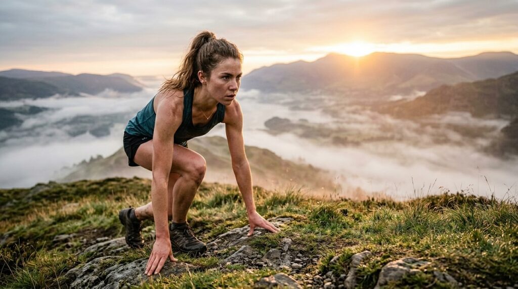 Una mujer joven en ropa deportiva al amanecer sobre una colina con actitud decidida